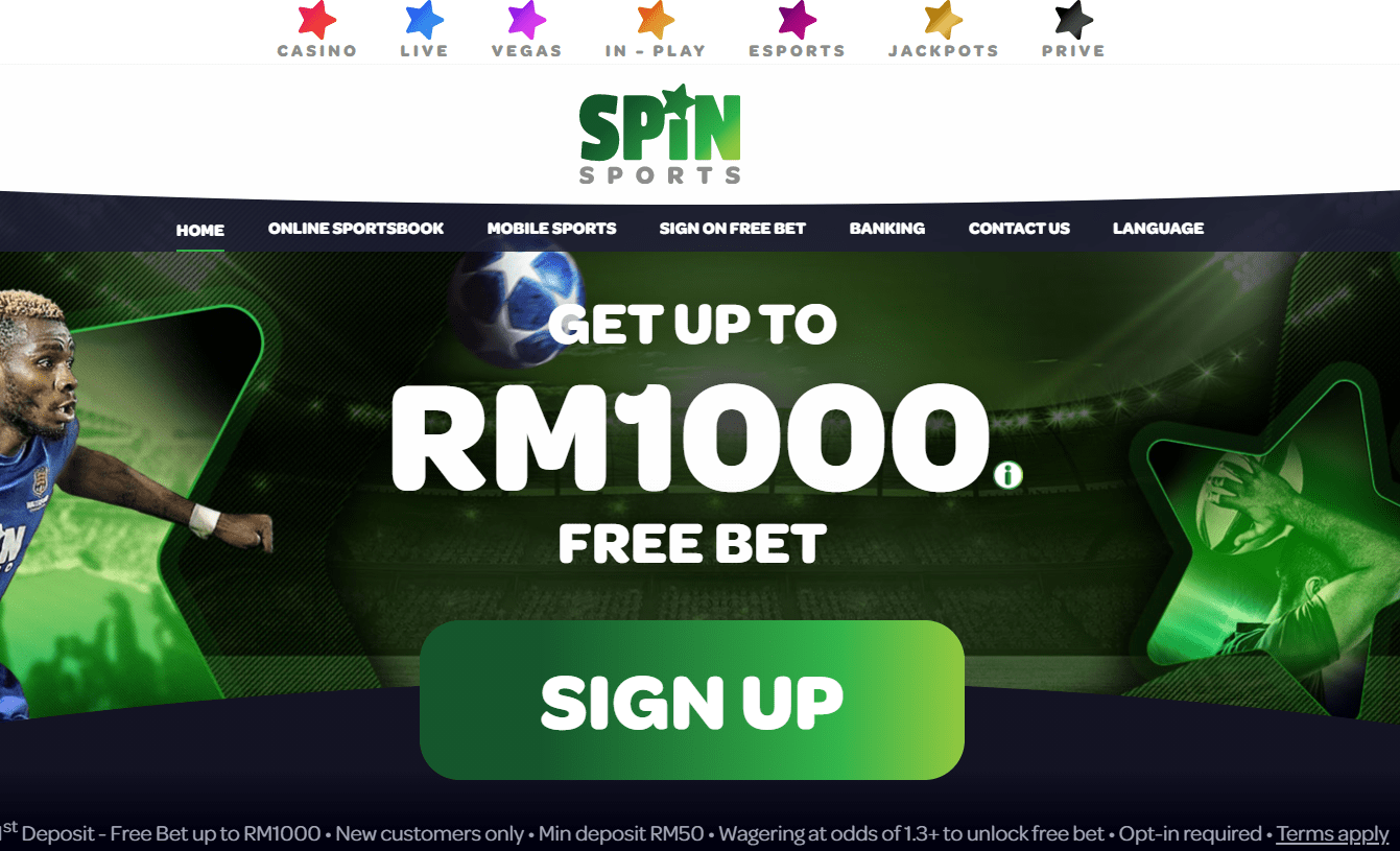 spinsports online sportsbook malaysia - up tp RM1000 free bet sign up offer page screen