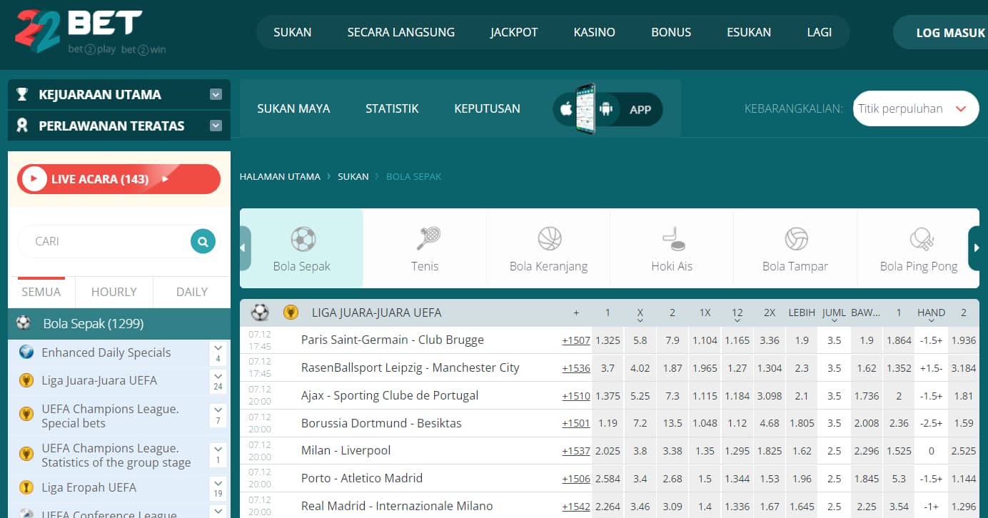 22bet gambling online - betting options page screen