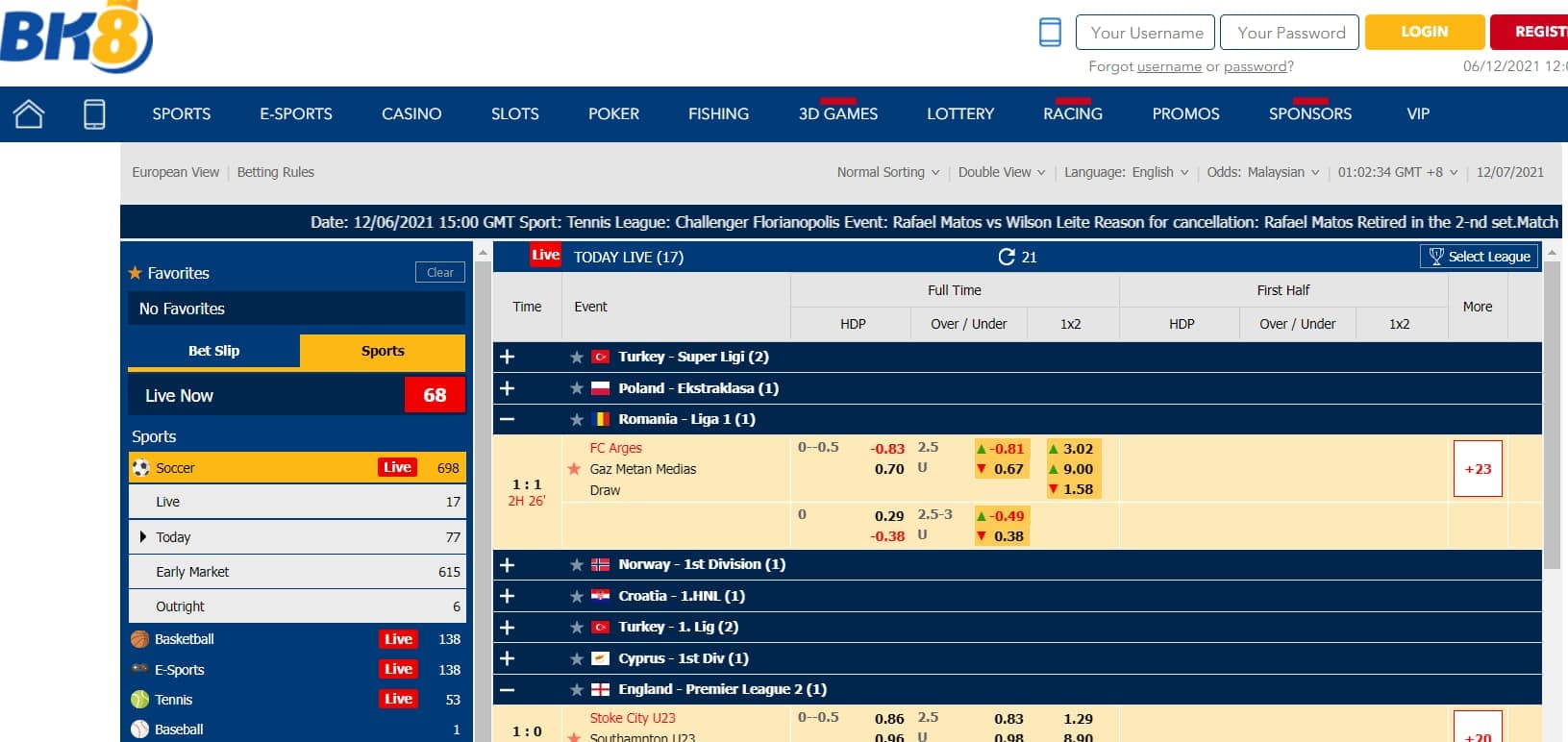 bk8 online gambling Malaysia - live soccer betting page screen
